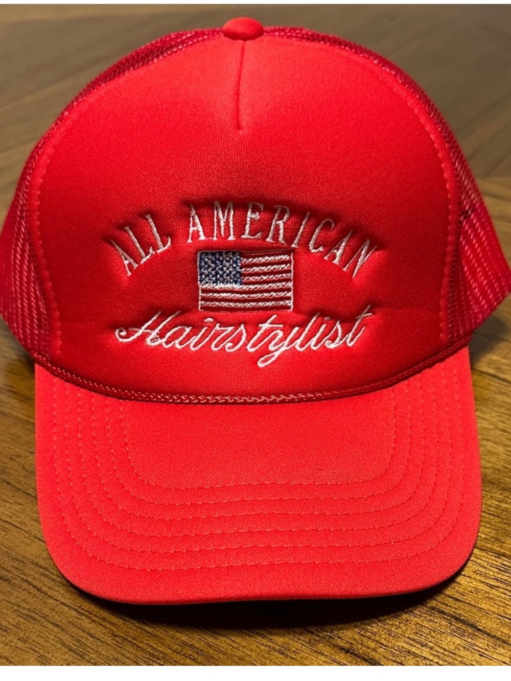 Red 'All American Hairstylist' NEW Embroidered Trucker Hat